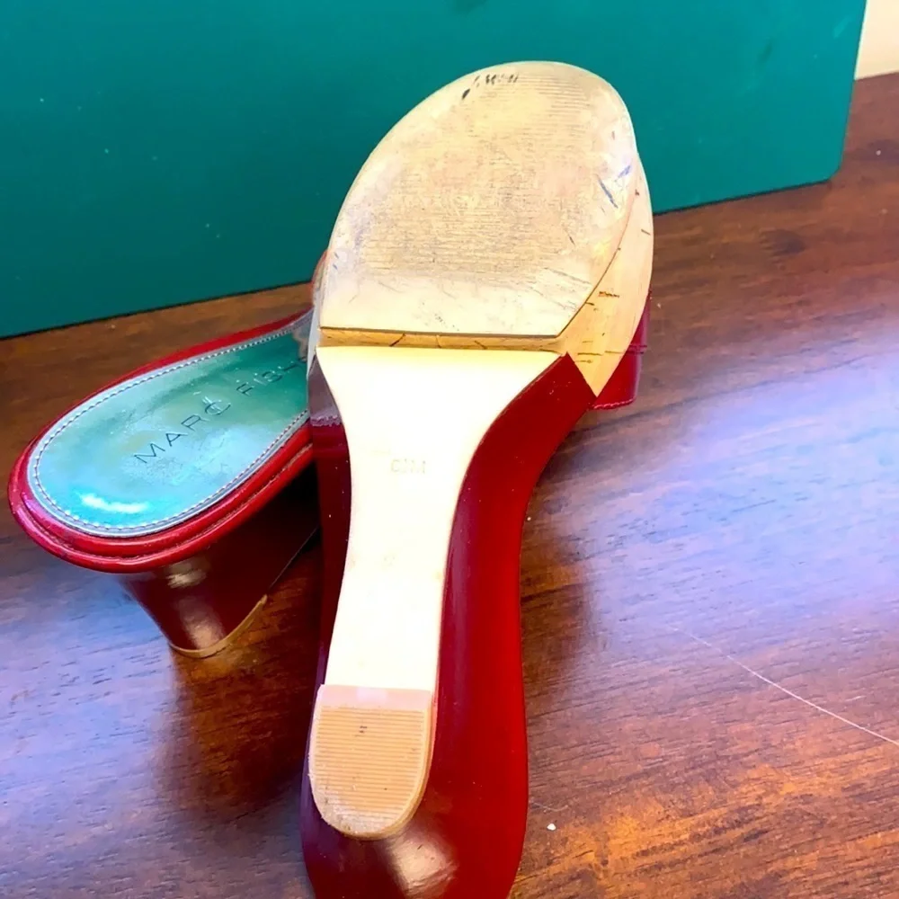 Women’s Marc Fisher Red Patent Leather with Silver Buckle Wedges Heels Size 6.5M